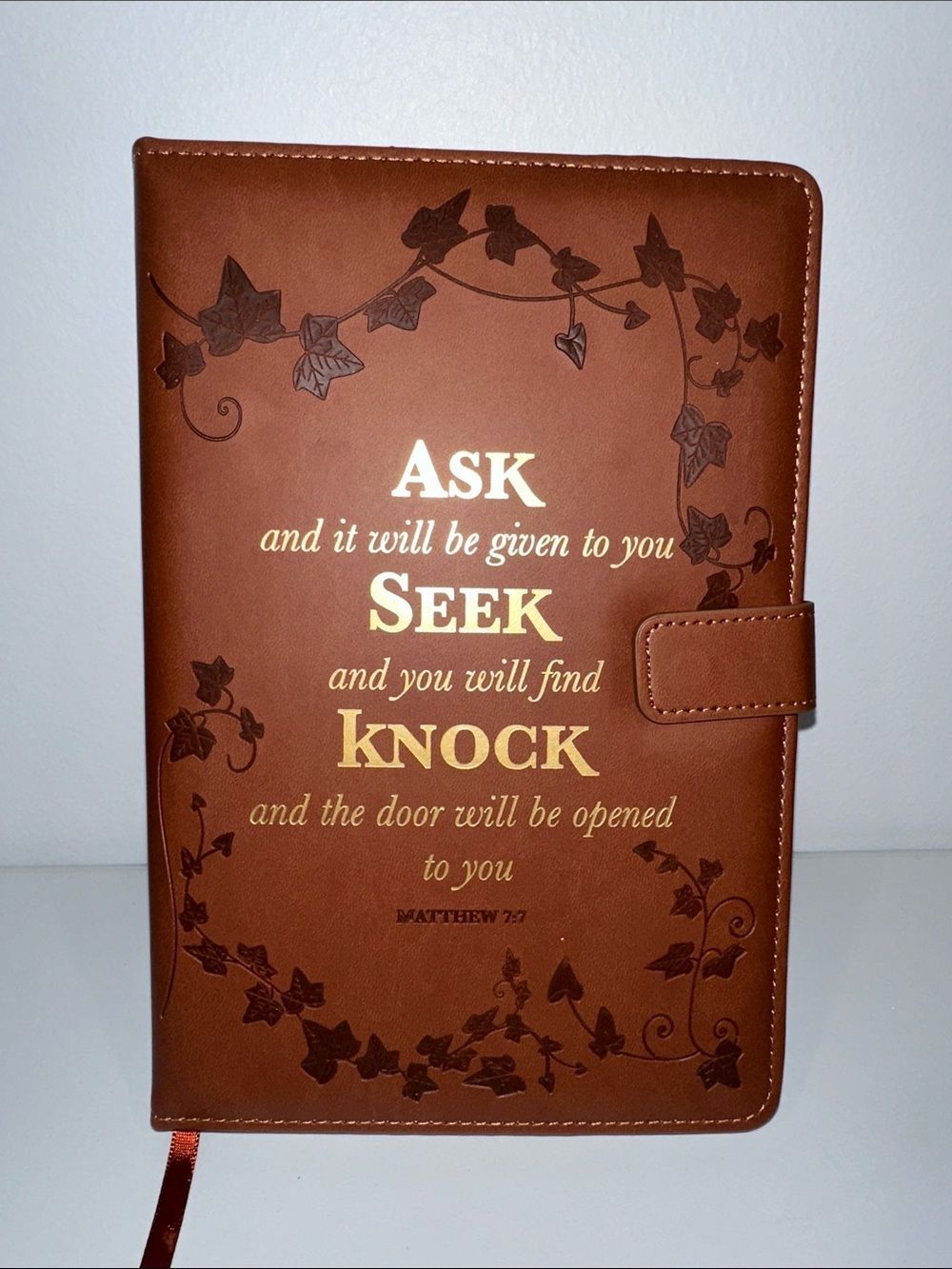 Chestnut Brown Gold Tone Bible Verse Faux Leather Bound Padded Cover Journal